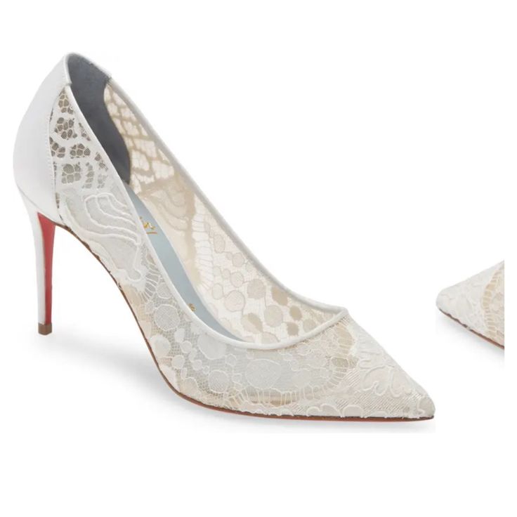 Sheer Lace And A Satin Heel Counter Bring A Romantic Look To A Pointy-Toe Pump That Shows Off The Telltale Red Sole With Every Step. Part Of Christian Louboutin's Bridal Collection, This Elegant Shoe Is Lined To Provide That Essential 'Something Blue' For Your Big Day. 3" (76mm) Heel (Size 37) Feminine Fitted Wedding Shoes With Almond Toe, Luxury Lace Heels With Pointed Toe, Luxury Lace Wedding Heels, Elegant Lace Heels With Pointed Toe, Feminine Fitted White Wedding Shoes, Lace Wedding Shoes For Evening, Chic Wedding Lace Heels, Chic Lace Wedding Heels, Chic Lace Heels For Wedding