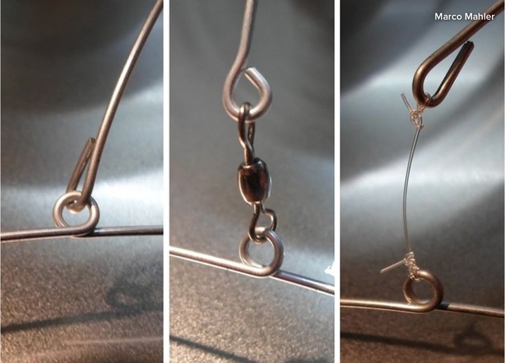 three pictures of different metal objects with chains attached to them, and one has a hook in the middle