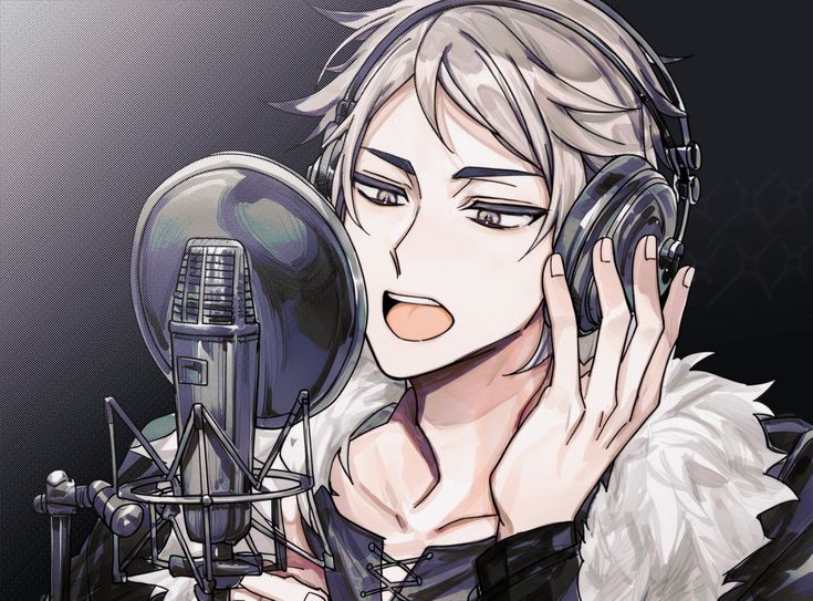 an anime character with headphones in front of a microphone