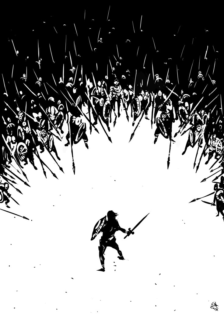 a black and white drawing of a man holding two swords in front of a crowd of people