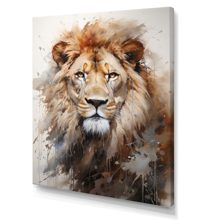 a painting of a lion's face on a white background with watercolor splashes