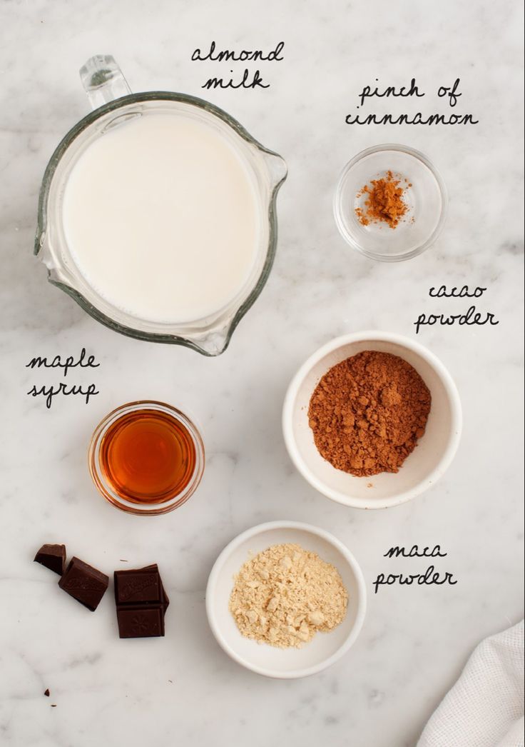 ingredients needed to make chocolate milkshake on a white marble countertop with text