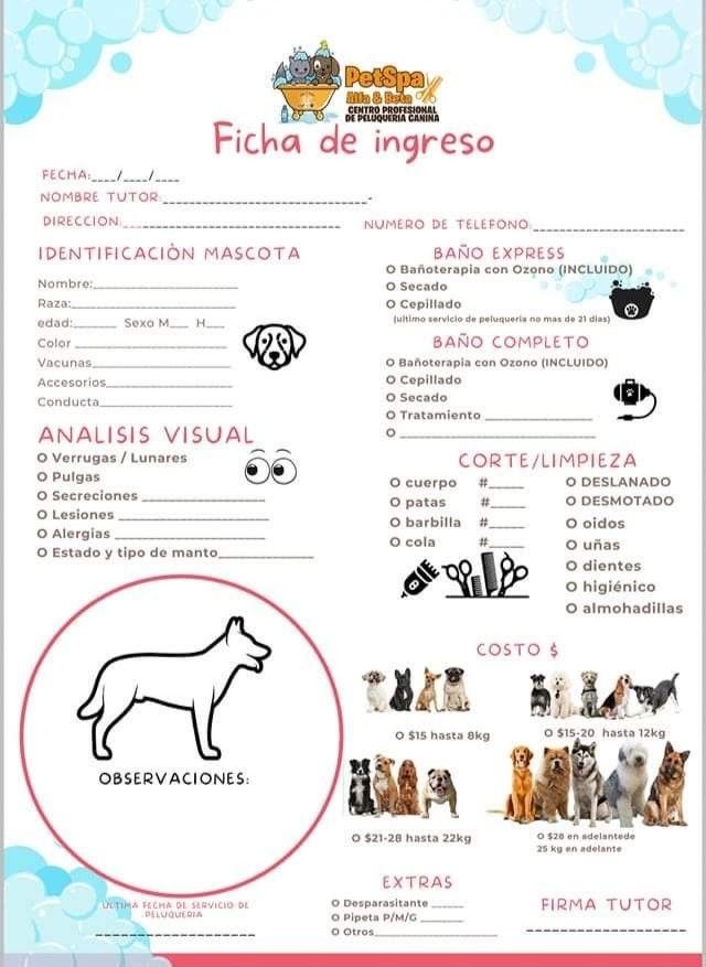 a poster with pictures of dogs and their names in spanish, which includes the words ficha de ingreso