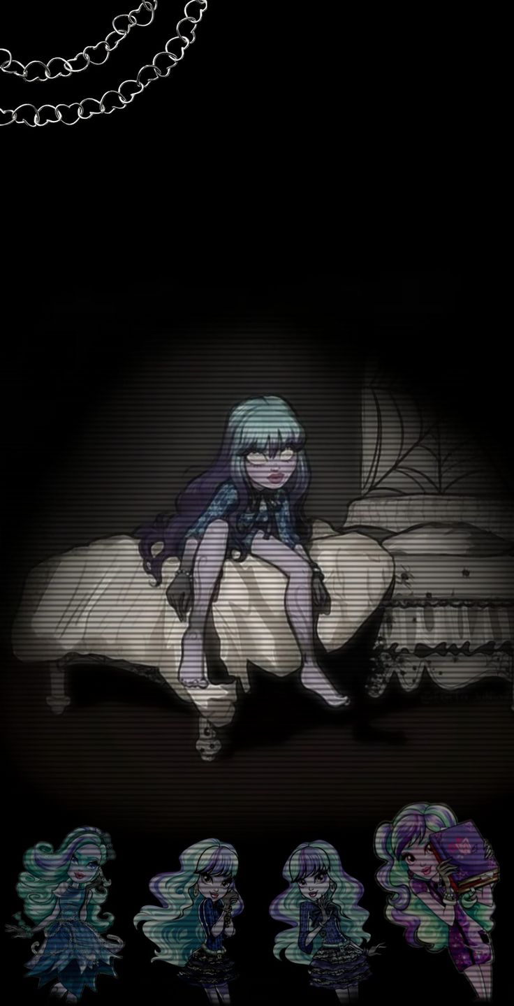 an anime character sitting on a bed in the dark with four key chains around her