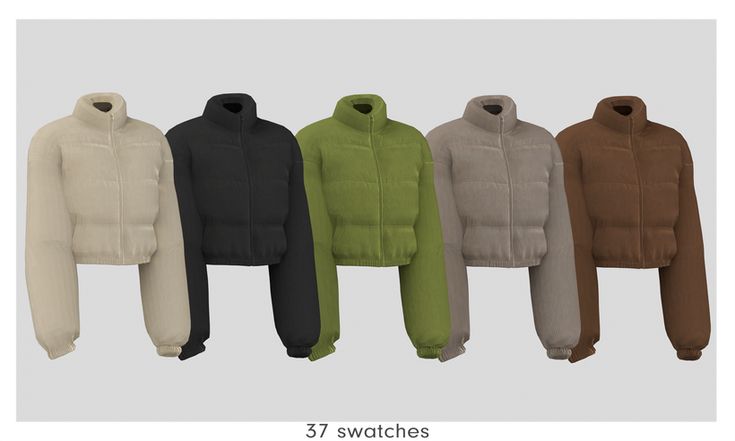 five sweaters in different colors and sizes, all with the same hoodie on them