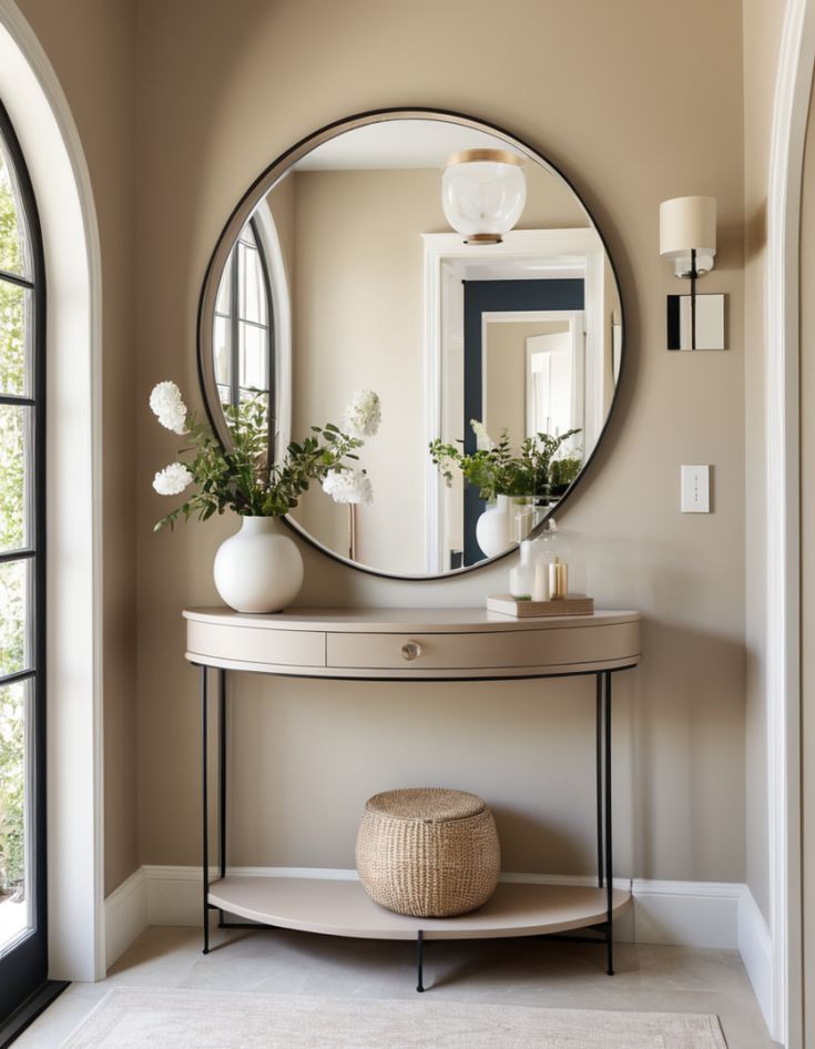 a round mirror sitting on top of a table next to a white vase filled with flowers