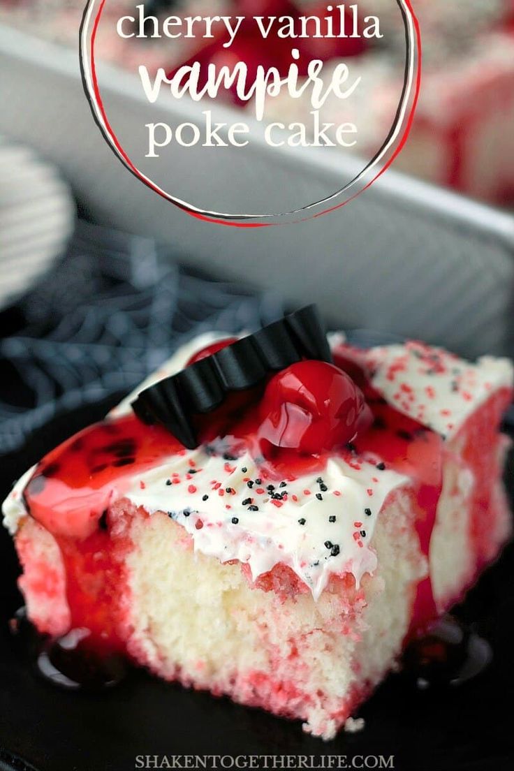 a slice of cherry vanilla poke cake on a black plate with the title above it