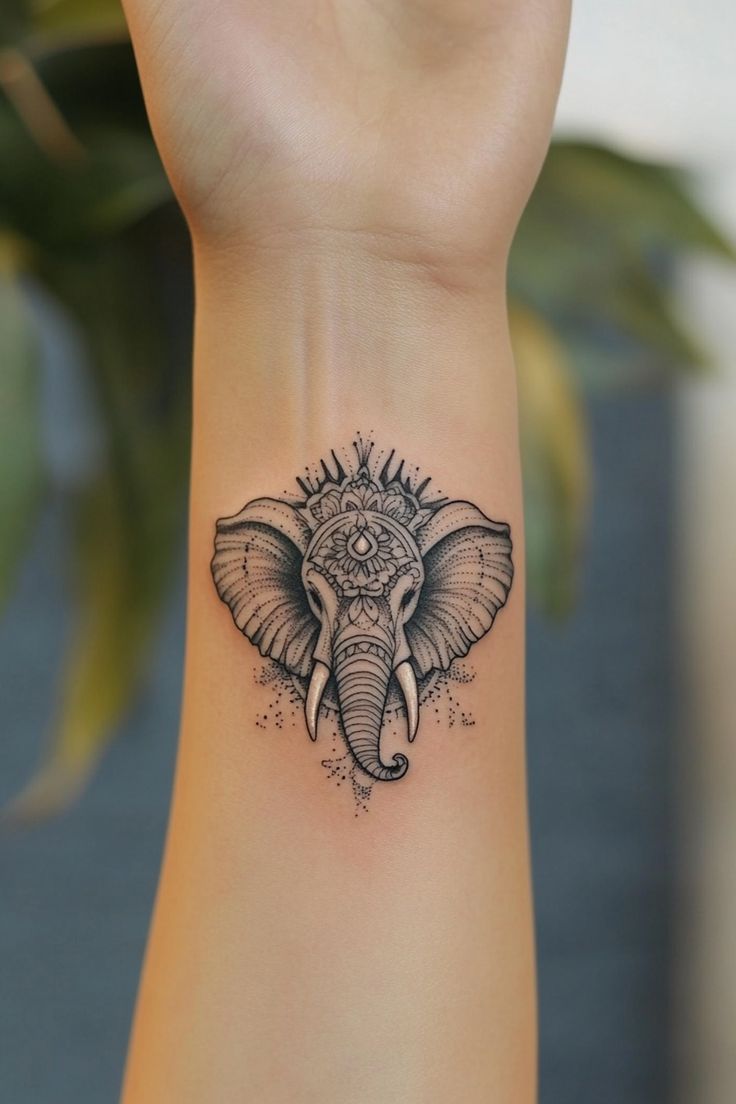 an elephant head tattoo on the wrist