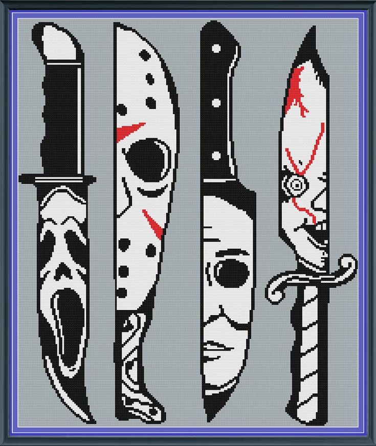 the cross stitch pattern shows three different types of knifes with faces painted on them