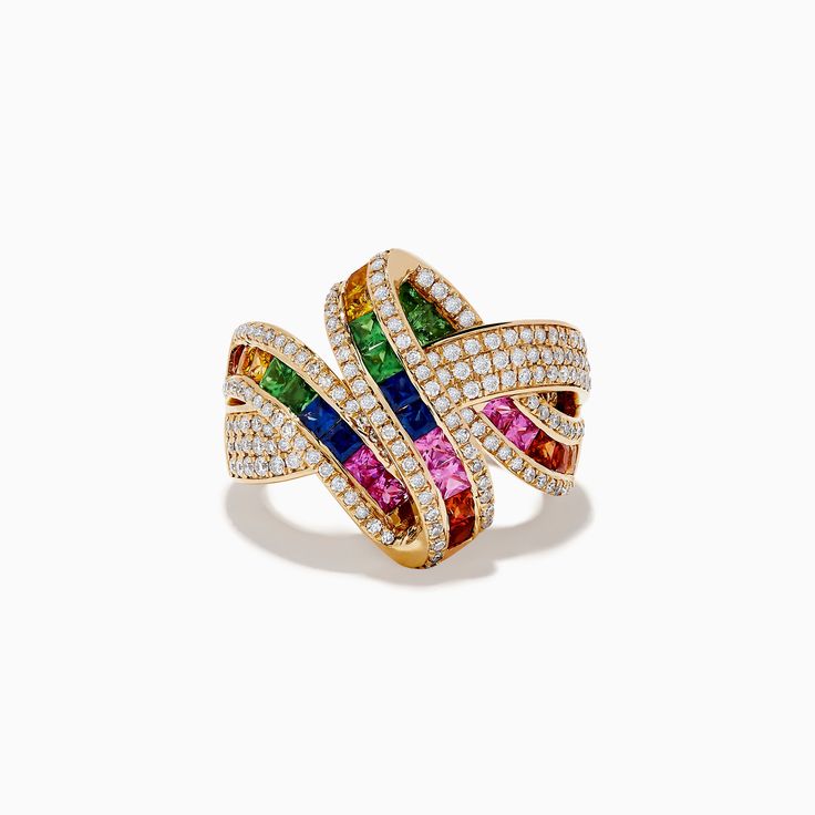 Effy Watercolor 14k Yellow Gold Multi Sapphire and Diamond Ribbon Ring Ombre Jewelry, Ribbon Ring, Diamond Ribbon, Multi Sapphire, Yellow Stone, Effy Jewelry, Luxury Jewelry, Round Diamonds, Gold Metal