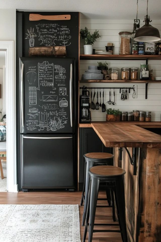 a kitchen with a chalkboard refrigerator and stools