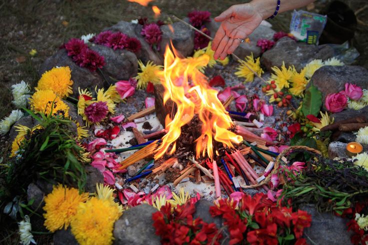 a person lighting a fire in the middle of flowers