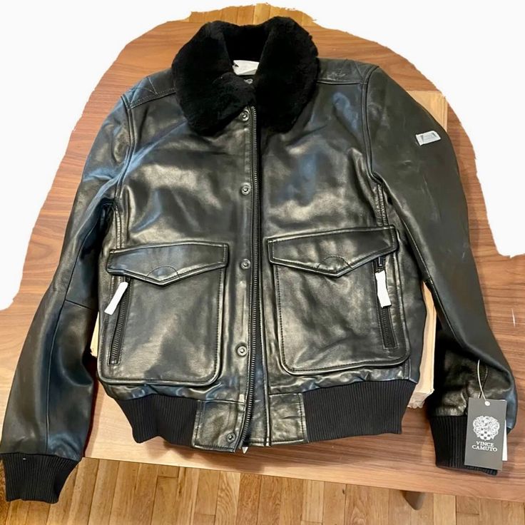 Nwt Vince Camuto Genuine Shearling Trim Leather Bomber Jacket Size S Luxury Leather Jacket For Cold Weather, Vince Camuto, Men's Fashion, Mens Jackets, Bomber Jacket, Jackets & Coats, Man Shop, Trim, Leather