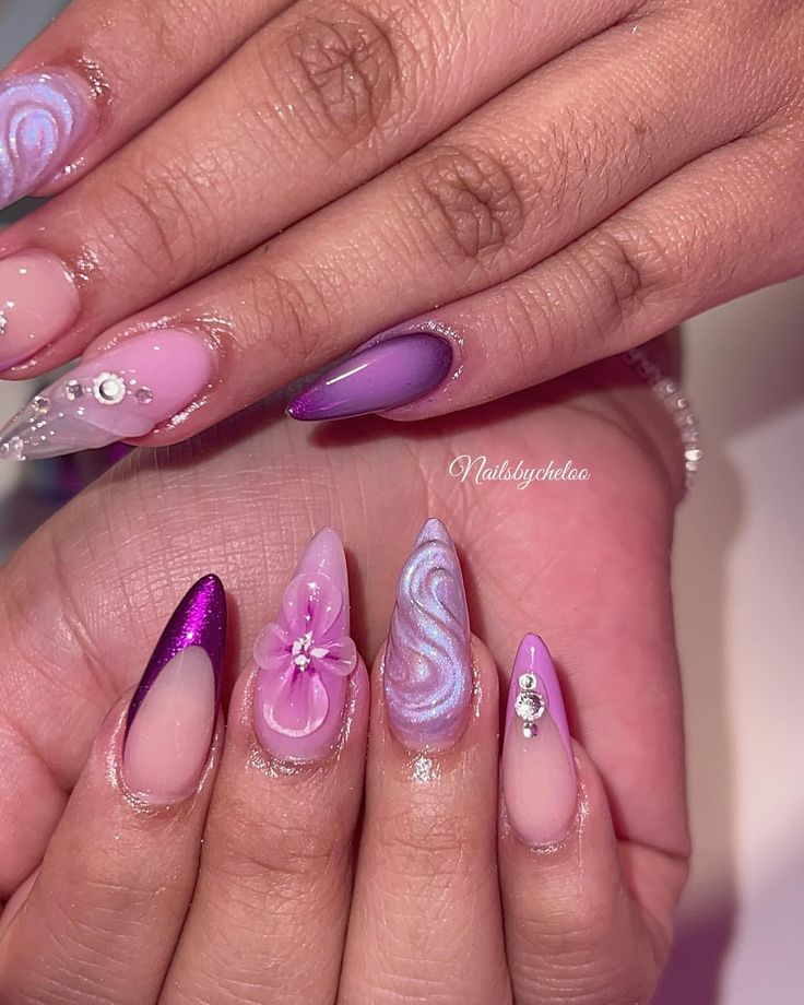 Purple freestyle, Ty for trusting me 🦄🌸🫧 - 3D flower was made with clear acrylic <3 - - - - - #nails #cutenails #3dtexture #chromenails… | Instagram Malta Nails, Nails Mothers Day, Mothers Day Nails, Bridal Shower Nails, Shower Nails, Night Nails, Nails Bridal, Nails Birthday, Barbie Nails