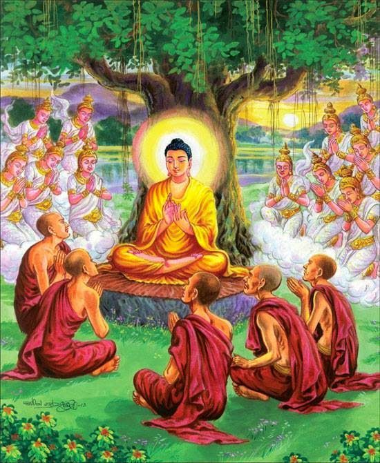 an image of buddhas sitting in front of a tree and surrounded by other people