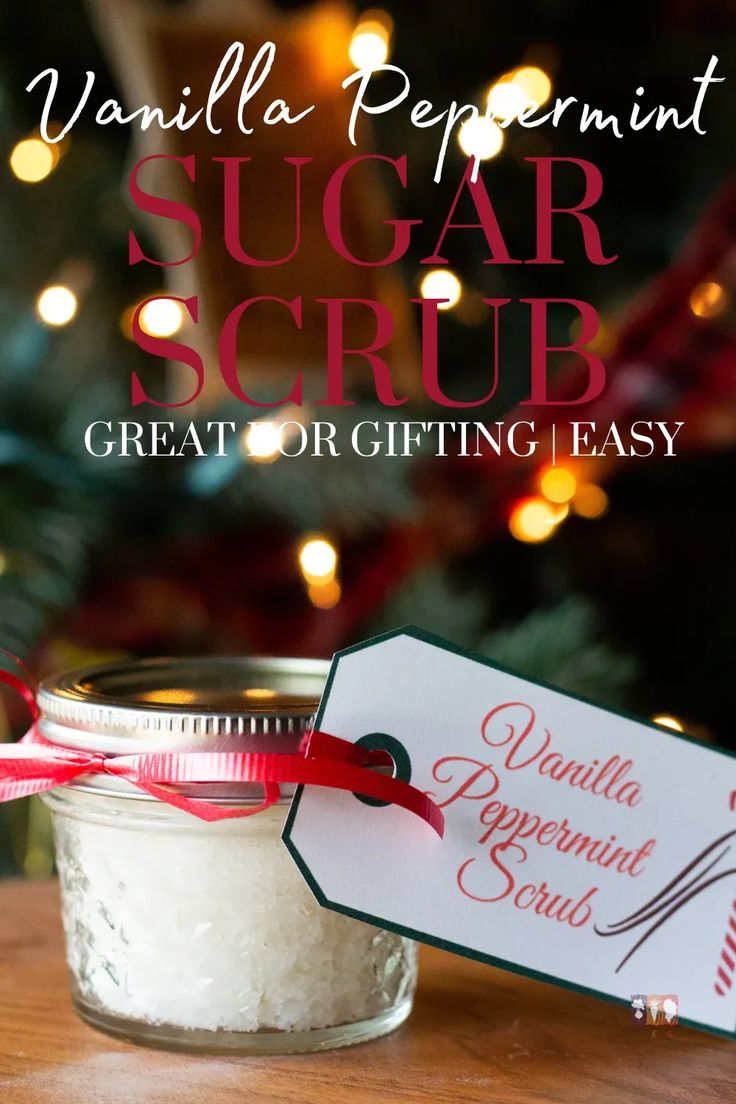 vanilla peppermint sugar scrub in a jar with a gift tag