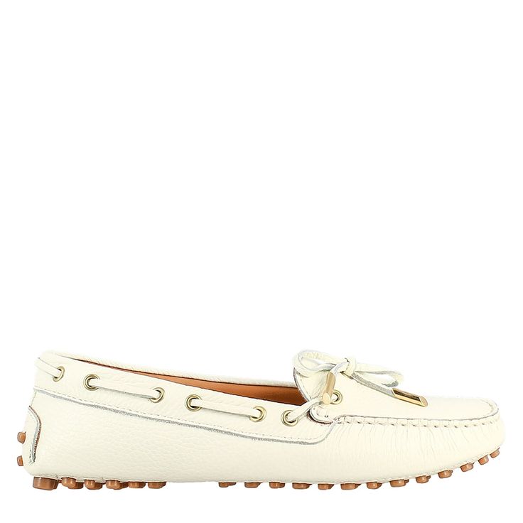 Women's tubular moccasin in wrinkled white leather

Closure with laces

Leather lining

Sole with circular rubber pads

Made in Italy

Composition:
 Upper: 100% Suede
 Lining: 100% Leather
 Bottom: Rubber
 Insole: 100% Leather White Leather Loafers With Stitched Sole, White Leather Loafers With Leather Sole, White Leather Moccasins With Leather Footbed, White Leather Moccasins, White Leather-lined Loafers With Round Toe, Luxury White Loafers With Stitched Sole, White Leather Lined Round Toe Loafers, White Leather Lined Loafers With Round Toe, Luxury White Leather Shoes With Textured Sole