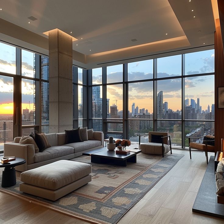 a living room filled with lots of furniture and large windows overlooking the cityscape