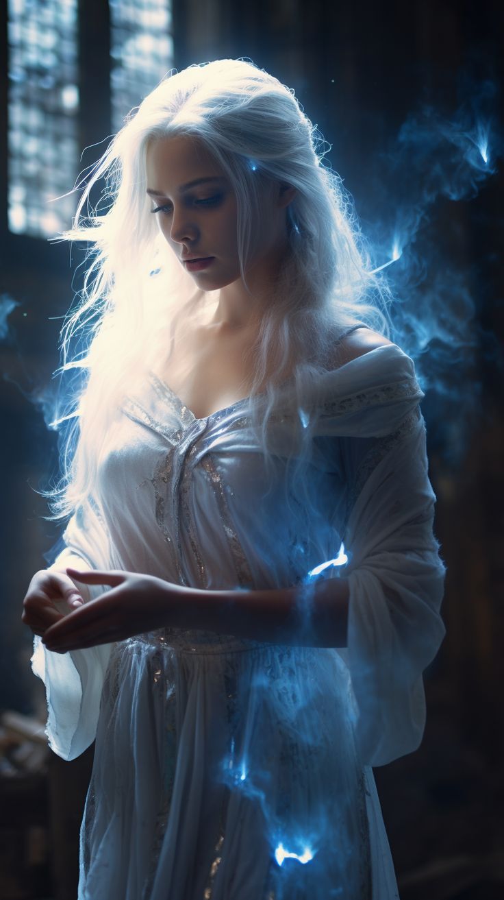 a woman dressed in white is holding out her hand with blue light coming from it