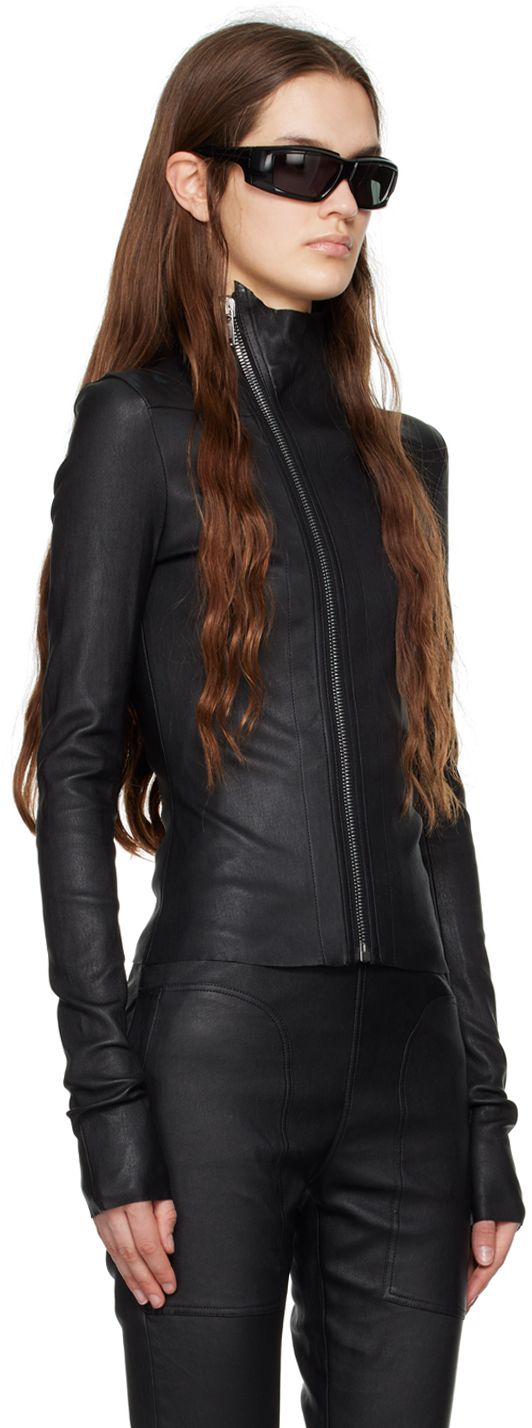 Stretch grained lambskin-blend jacket. · Raw edge at stand collar, cuffs, and hem · Offset zip closure · Unlined Supplier color: Black Rick Owens, Raw Edge, Luxury Streetwear, Stand Collar, Leather Jacket, Outfit Accessories, Collar, For Women, Leather