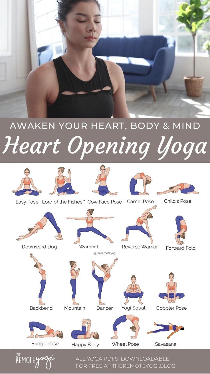 a woman doing yoga poses with the words, awake your heart, body and mind