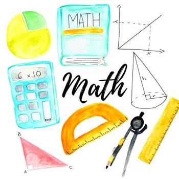 the words math are written in black ink on a white background with various school supplies