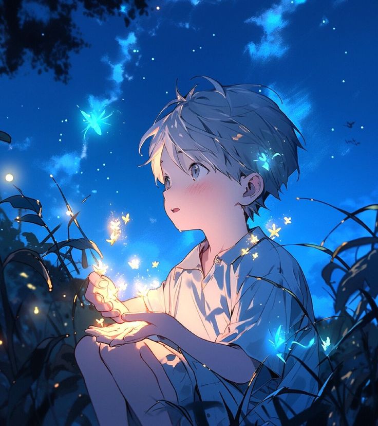 a young boy sitting in the grass with his hands together and glowing stars above him