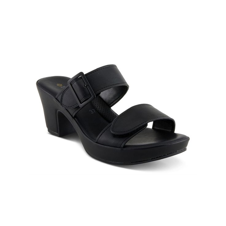 Update your wardrobe with these Patrizia Sancia women's dress sandals. Click this FOOTWEAR GUIDE to find the perfect fit and more! Update your wardrobe with these Patrizia Sancia women's dress sandals. Click this FOOTWEAR GUIDE to find the perfect fit and more! FEATURES Double band design with buckle detail Block heel Durable rubber outsole Hook-and-loop tape closure for a secure and custom-like fitDETAILS Faux leather upper and lining TPR outsole Open toe Hook-and-loop tape closure 2.75-in. hee Formal Wedge Sandals Medium Width, Open Toe Mules With Heel Loop, Ankle Strap Mules With Heel Loop, Wedge Sandals With Buckle Closure And Block Heel, Formal Wedge Heel Mules, Elegant Black Wedge Sandals With Buckle Closure, Black Ankle Strap Mules, Hook And Loop Tape, Band Design