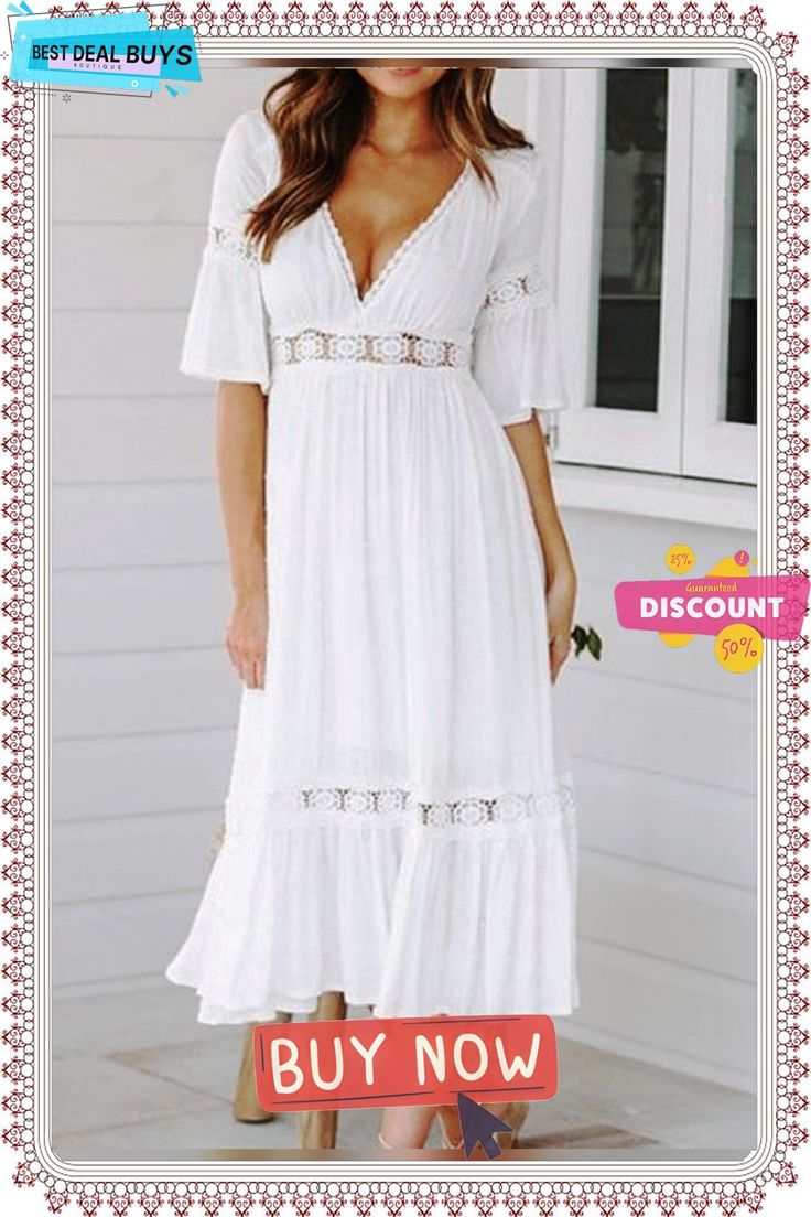 Women's Swing Dress Midi Dress - Half Sleeve Solid Colored Summer Spring & Summer V Neck Hot Beach Vacation Dresses Flare Cuff Sleeve White / Sexy White Dresses Summer Maxi Dress With Lace Patchwork For Vacation, Summer Midi Dress With Lace Patchwork And Short Sleeves, White Non-stretch Maxi Dress For Brunch, V-neck Lace Patchwork Dresses For Vacation, Fitted V-neck Boho Dress For Beach, Summer Midi Dress With Lace Patchwork, White Midi Dress For Summer, Summer Knee-length Midi Dress With Lace Trim, Summer Knee-length Midi Dress With Lace Patchwork