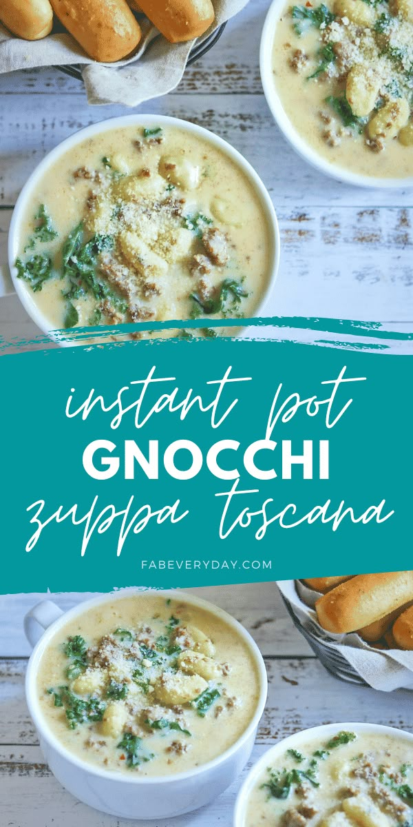 instant hot gnocchi soup in white bowls with bread on the side and text overlay that reads instant hot gnocchi sunflower toscana