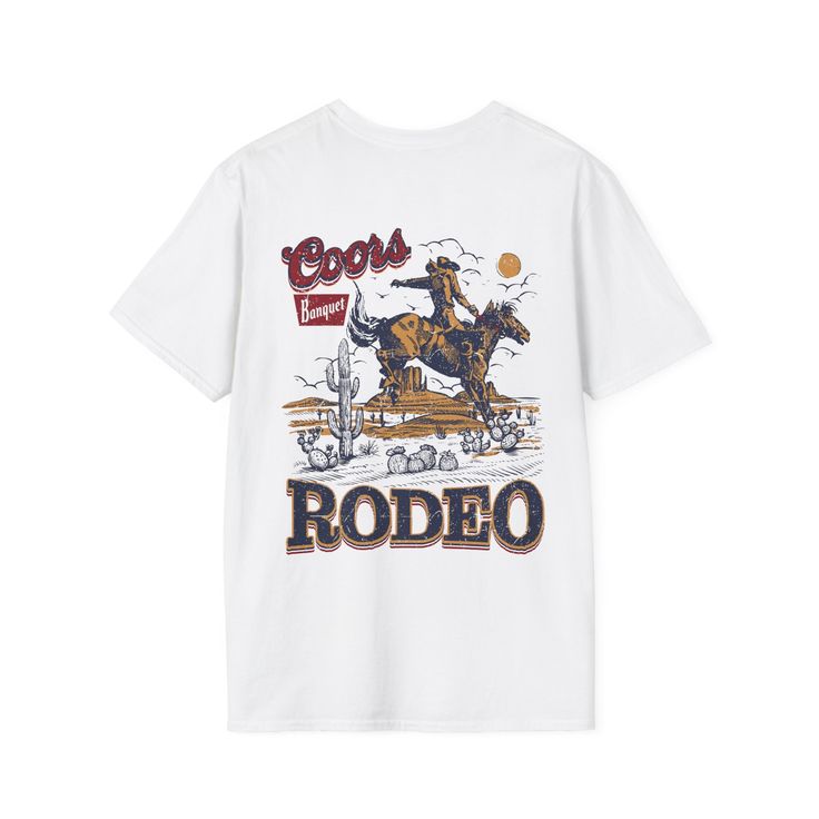 Perfect gift for a someone with a western style. Coors banquet rodeo tee.The unisex soft-style t-shirt puts a new spin on casual comfort. Made from very soft materials, this tee is 100% cotton for solid colors. Heather colors and sports grey include polyester. The shoulders have twill tape for improved durability. There are no side seams. The collar is made with ribbed knitting to prevent curling damage.  .: Made with 100% ring-spun cotton, a lightweight fabric (4.5 oz/yd² (153 g/m this unisex t Western Style Relaxed Fit Graphic T-shirt, Western Style Relaxed Fit T-shirt With Graphic Print, White Western T-shirt For Rodeo, White Crew Neck Tops For Western-themed Events, Western Style Crew Neck T-shirt With Graphic Print, White Graphic Tee For Western-themed Events, White Graphic Print T-shirt For Western-themed Events, Pre-shrunk T-shirt For Western-themed Summer Events, Graphic Tee With Screen Print For Western-themed Events