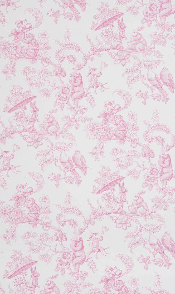 a pink and white wallpaper with various animals on it