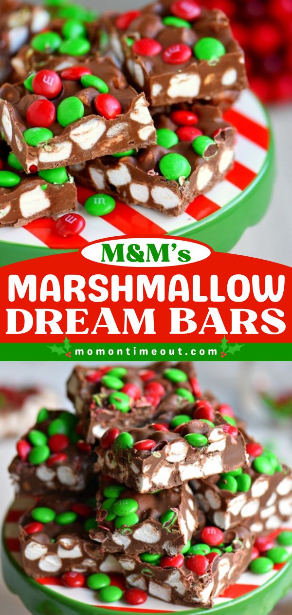 Here's a Christmas treat to make in only 5 minutes! It's easy and no-bake. Fun and festive with an amazing taste, these M&M's Marshmallow Dream Bars will disappear quickly! Definitely the perfect holiday dessert recipe! M M Marshmallow Dream Bars, M M Bars Recipe Christmas, Peanut Butter M&m Bars, Christmas Treats With M&ms, Work Treats To Share, Christmas Dessert Bars, Mini Marshmallows Recipes, Christmas Desert Recipes, Butterscotch Peanut Butter