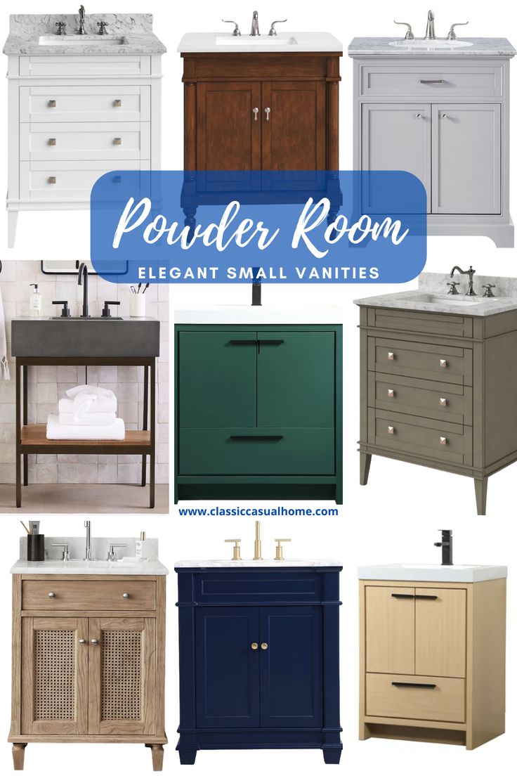 bathroom vanities with the words powder room and elegant small vanitys in different colors