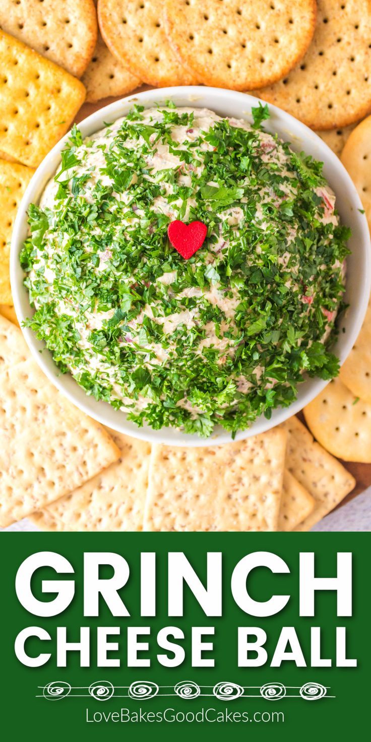 Grinch Cheese Ball Baked Appetizer Recipes, Baked Appetizers, Pesto Cheese, Christmas Cheese, Grinch Christmas Party, Christmas Movie Night, Grinch Party, Holiday Party Foods, Kids Christmas Party