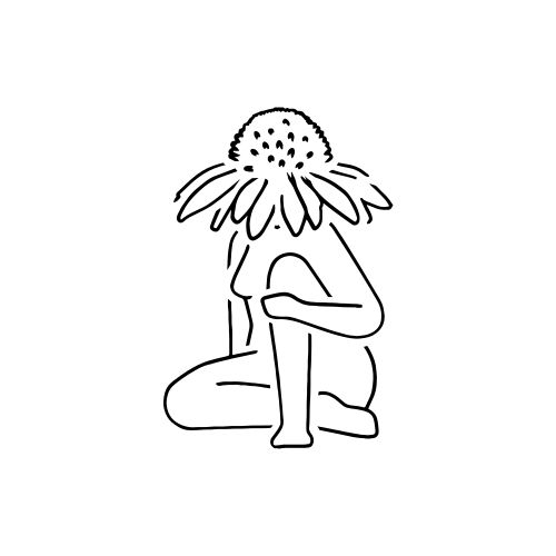 a black and white drawing of a person sitting in front of a flower