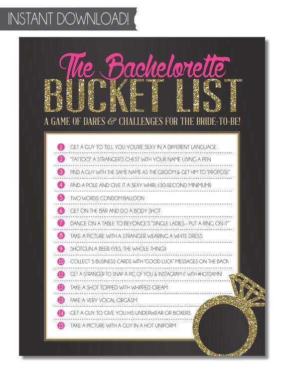 the bachelor bucket list is shown in pink and gold with a diamond ring on top