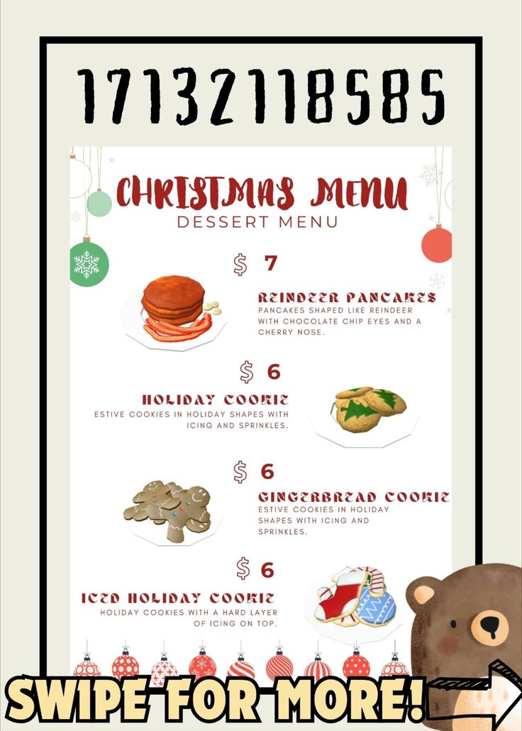 a menu for christmas dinner with a teddy bear and other items on the menu board