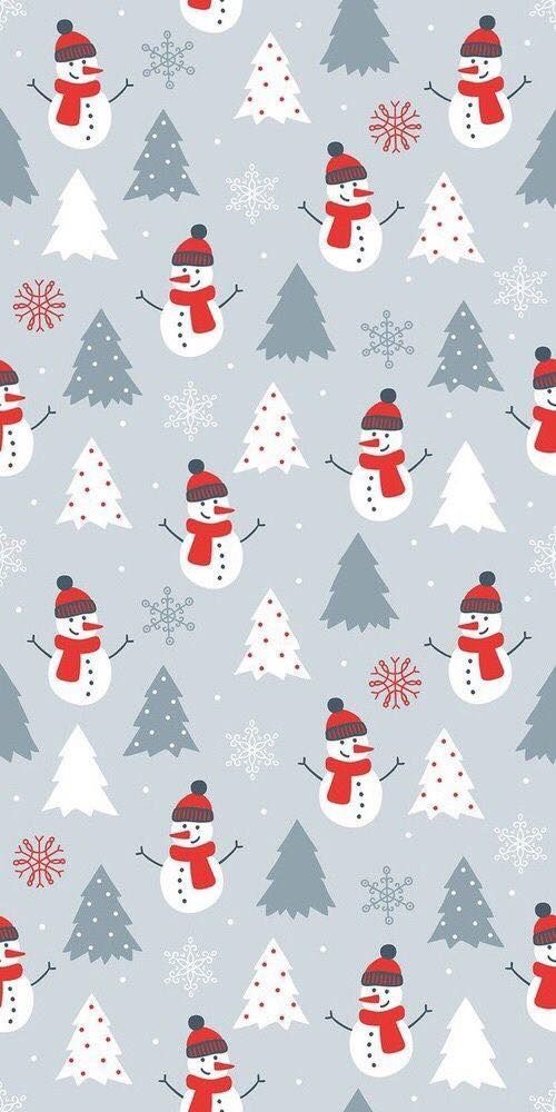 snowmen and trees are on a gray background with red, white and blue colors