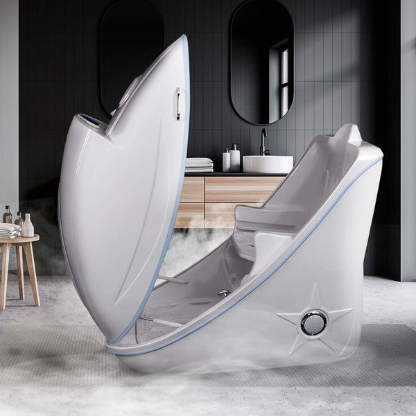 a futuristic bathroom with an open toilet seat