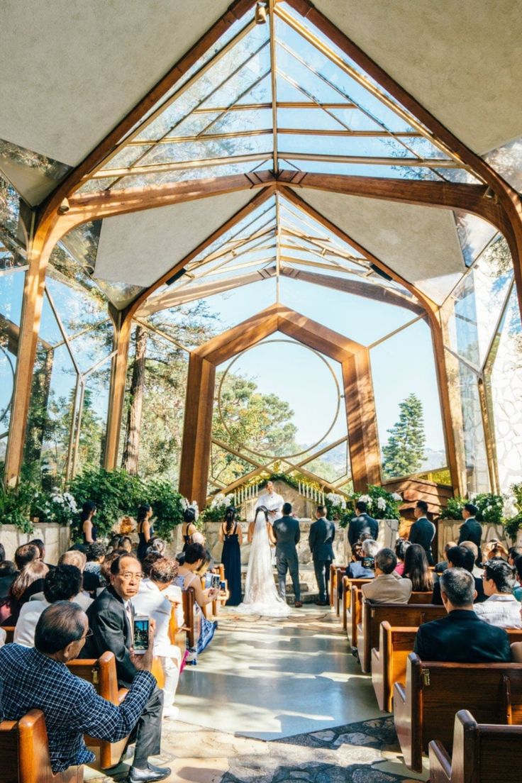 Wedding at wayferers chapel at the glass church in palos verdes Glass Church Wedding, Wayfarers Chapel Wedding, Wedding Venues Church, Wayfarers Chapel, Terranea Resort, Church Wedding Ceremony, Indoor Wedding Ceremonies, Dream Wedding Venues, Wedding Venues Beach