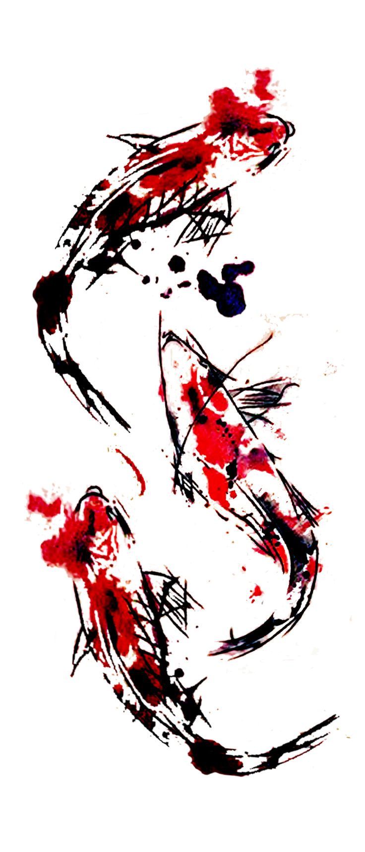 an ink drawing of a koi fish with red paint splatters on it