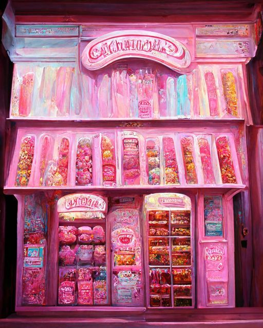 a painting of a pink candy shop with gummy bears on the front and sides