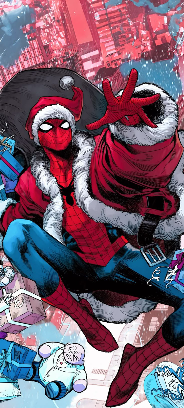 a spider - man dressed as santa claus flying through the air