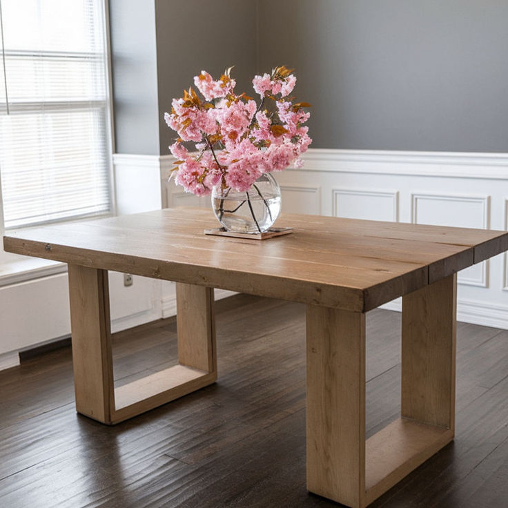 a vase with pink flowers sitting on top of a wooden table in front of a window