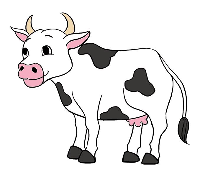 a black and white cow standing in front of a white background with the word's name on it