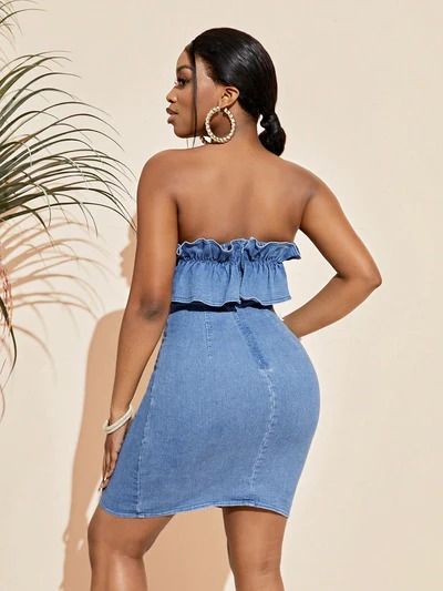 Sweet and Sassy: Ruffle Trim Strapless Denim Dress Strapless Mini Dress In Medium Wash For Night Out, Spring Strapless Sleeveless Denim Dress, Blue Strapless Denim Dress For Day Out, Chic Strapless Denim Top For Spring, Chic Strapless Denim Top For Summer, Strapless Denim Dress For Day Out, Spring Strapless Denim Dress For Night Out, Medium Wash Strapless Dress For Party, Summer Strapless Denim Dress