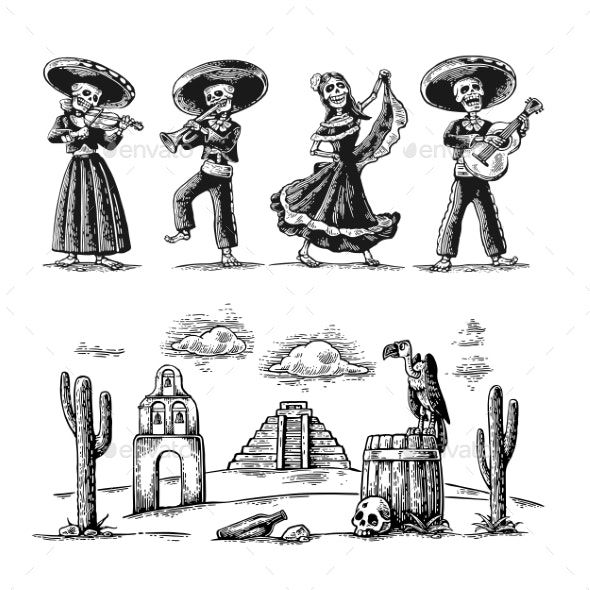 three mexican people with sombreros and hats in the desert, vintage engraving - miscellaneous illustrations