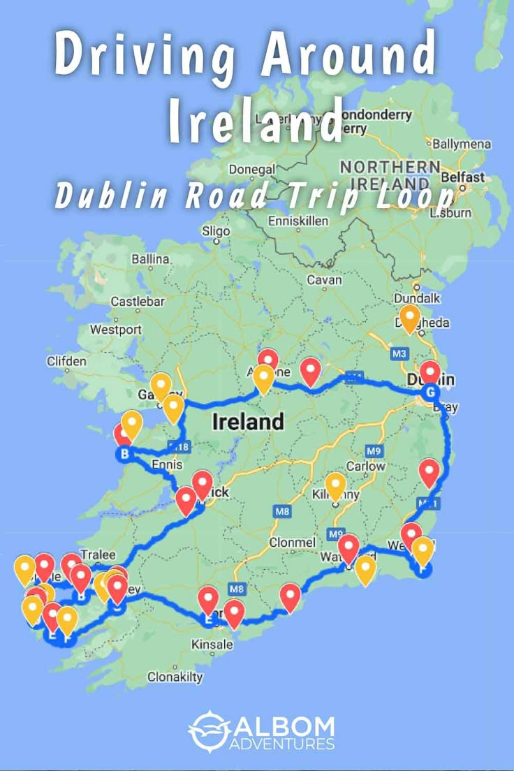 the map for driving around ireland and dublin road trip europe, with locations marked in red