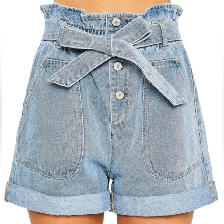 Med = 28-29 Waist Blue Denim Paperbag Style Shorts Questions? Leave A Comment Below! Light Wash Denim Shorts With Belt Loops, Trendy Denim Shorts With Belt Loops, Mid-rise Denim Shorts With Belt Loops, Summer Denim Jean Shorts With Belt Loops, Denim Bottoms With Belt Loops And Paperbag Waist, High Rise Denim Shorts With Belt Loops, Trendy Paperbag Waist Jeans With Pockets, Denim Jean Shorts With Belt Loops For Summer, High Waist Light Wash Jean Shorts With Belt Loops